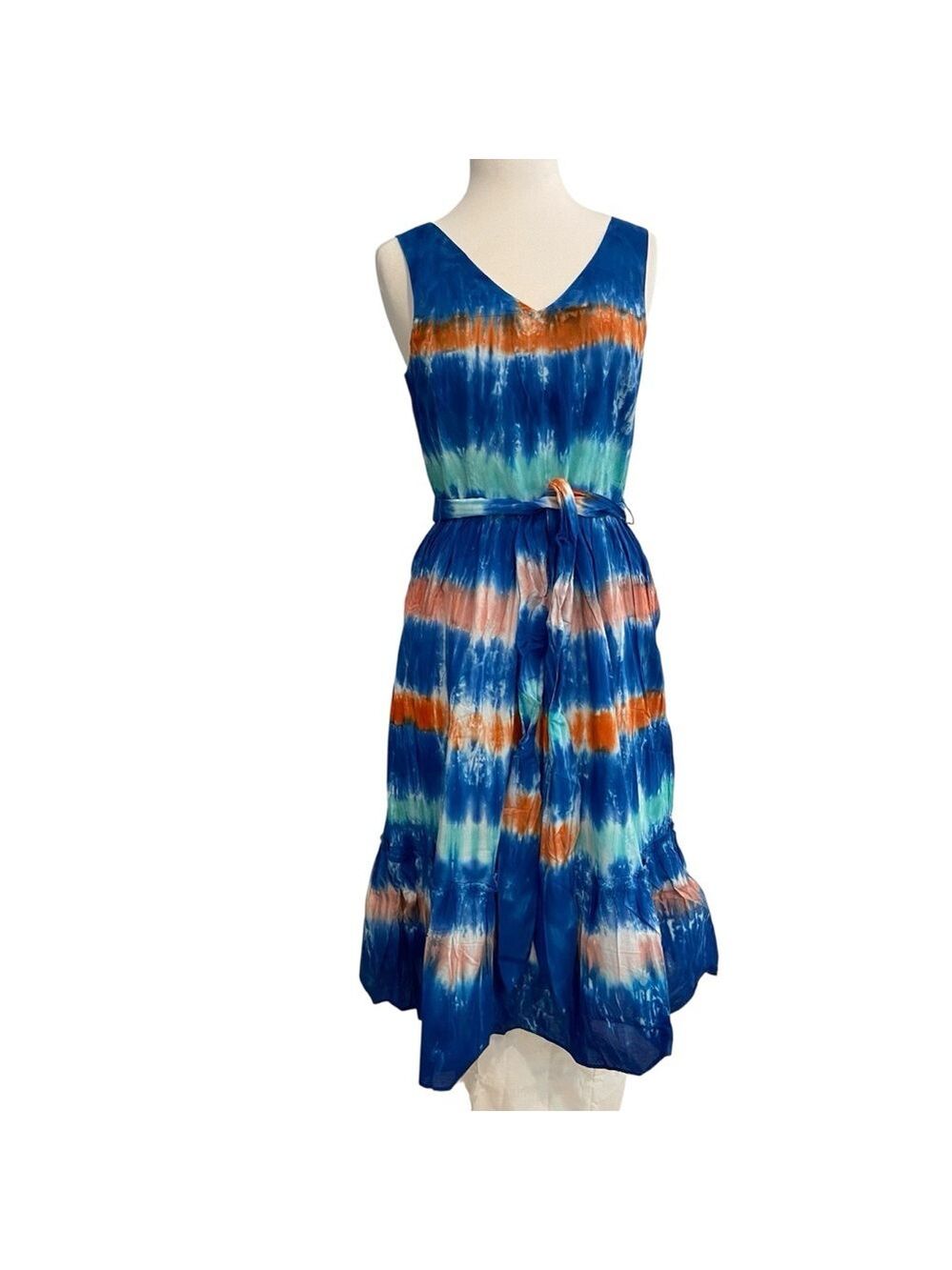 Hatley Sidney midi dress NWOT woven Vneckline sleeveless blue tie dye belt large